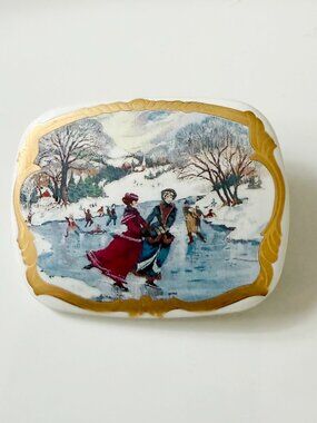 Vintage Victorian Ice Skating Porcelain Brooch Gold Tone Winter Scene